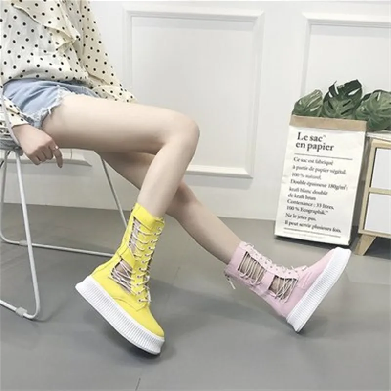 

2019 New Summer style hollow platform wedges Martin boots Lace-Up Denim Ankle Motorcycle boots Yellow pink plus size 35-40