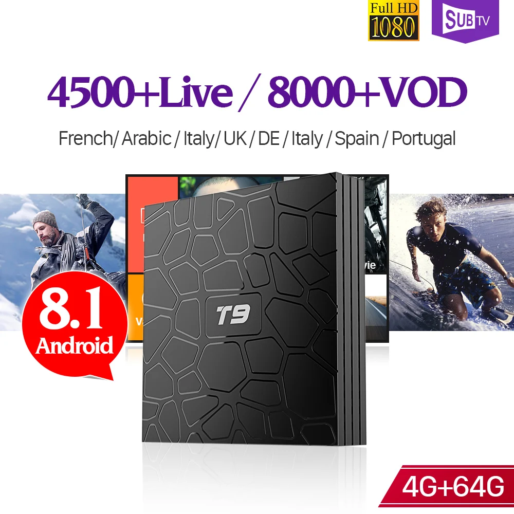 

T9 Full HD France IPTV Box Android 8.1 4G 64G RK3328 2.4G/5.8G Wifi 1 Year SUBTV IPTV French Belgium Arabic Netherlands Spain
