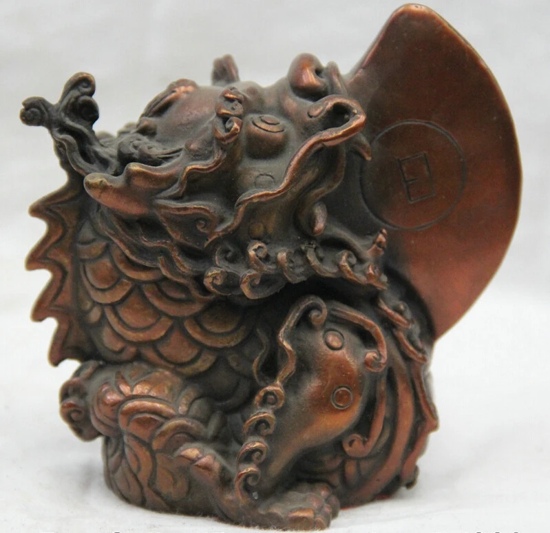 

Collectible bronze S1997 4" Chinese Fengshui Folk Bronze Dragon Kylin Beast Play Moon Statue Sculpture B0403