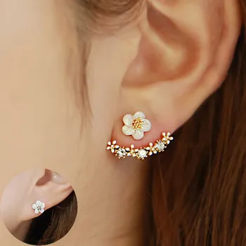 USTAR Flower Crystals Stud Earring for Women Rose gold color Double Sided Fashion Jewelry Earrings female Ear brincos Pending