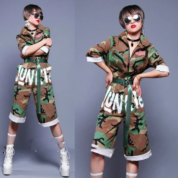 

Trend Hip Hop Jazz Dance Costume Camouflage Short-Sleeved Lapel Jumpsuit Female Loose Thin Street Dance Casual Pants DL3471