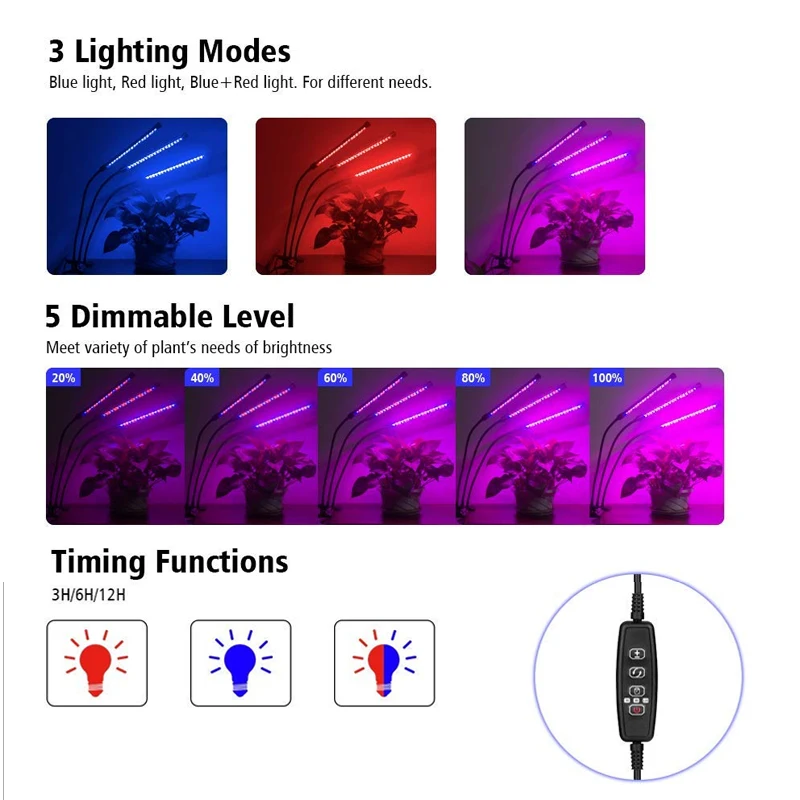 Lámpara de crecimiento lámpara de crecimiento soporte temporizador lámpara 27 w planta crecimiento Lámpara USB enchufe LED 3 cabeza para planta interior el crecimiento de la iluminación