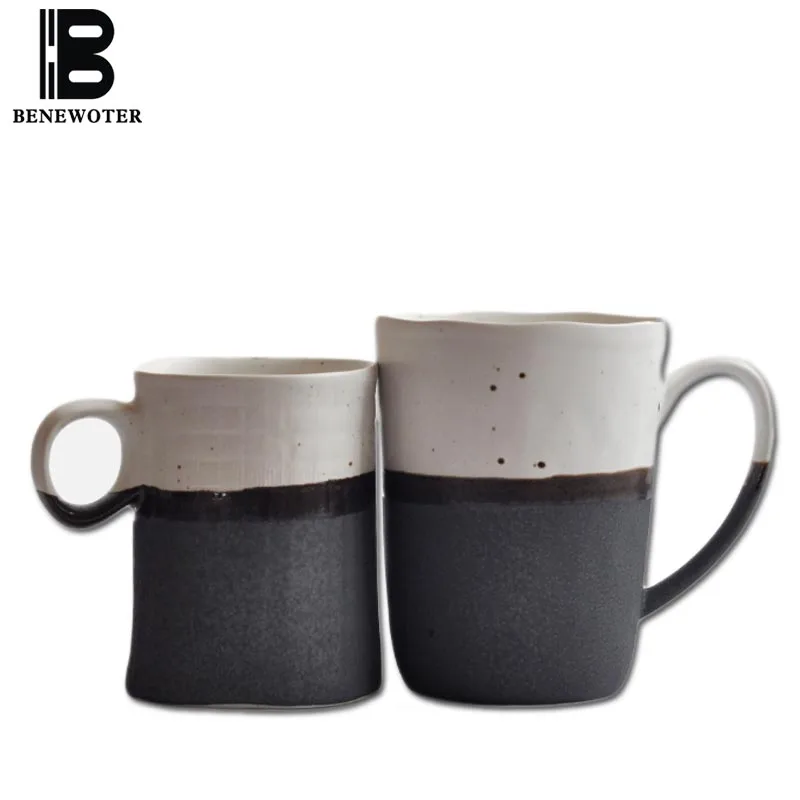 

BENEWOTER 250ml 300ml Creative Japanese Ceramic Rough Pottery Tea Milk Coffee White Ink Black Mug for Lovers Parent's Gift Cup
