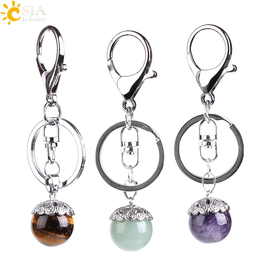 

CSJA Natural Stone Metal Car Keychain Opal Lapis Lazuli Pink Quartz Flower Ball Pendants Key Ring Holder Keyfob for Handbag E821