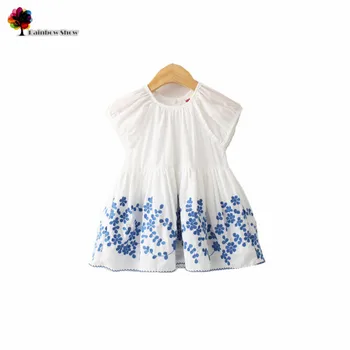 

New Children Clothing Summer Girls Blue Embroidery Florals Puff Sleeve Lovely Cotton Dress Kids Dresses