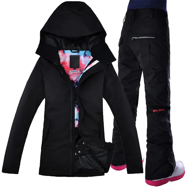 Лыжный костюм gsou, водонепроницаемый дышащий Женский, черное пальто, лыжная куртка+ брюки, ТермоЗащита, ветрозащитный - Цвет: color5