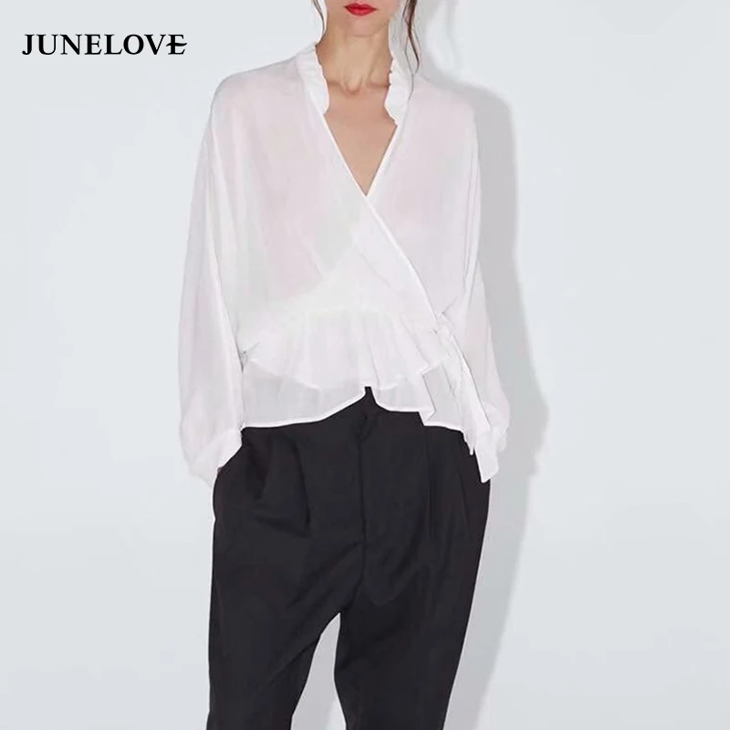 

JuneLove Women Long Sleeve Stand Collar Blouse Shirts Vintage Ruffles Female Mesh Blouse Casual Office Lady Loose Blouse Tops