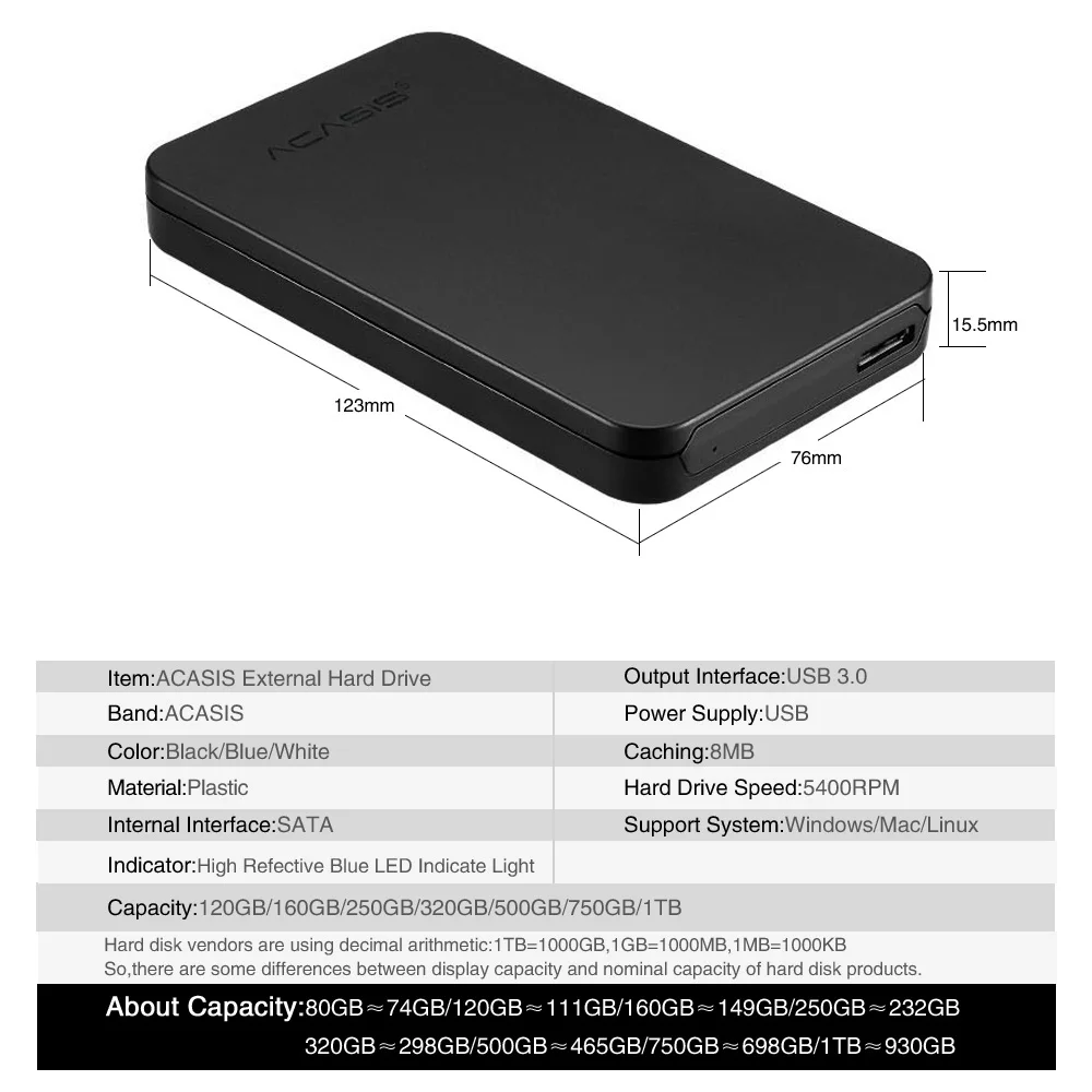 ACASIS 2," портативный внешний жесткий диск 160GB USB3.0 высокоскоростной HDD для ноутбуков и настольных компьютеров