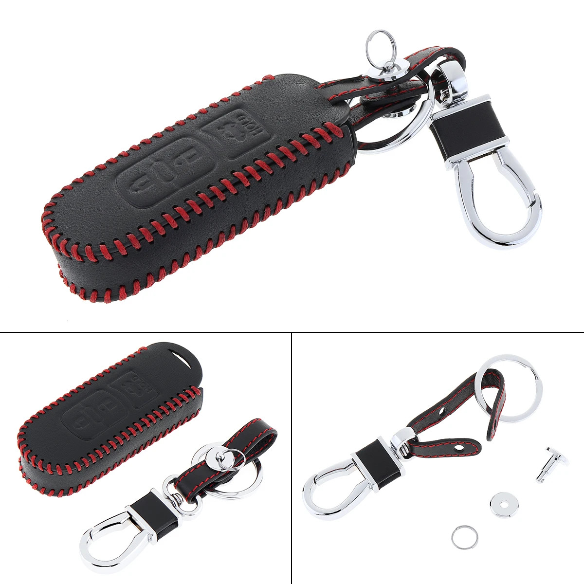 

3 Buttons Hand Sewed Leather Car Key Cover Protector Holder with Hanging Buckle for Mazda Intelligent 3 Key