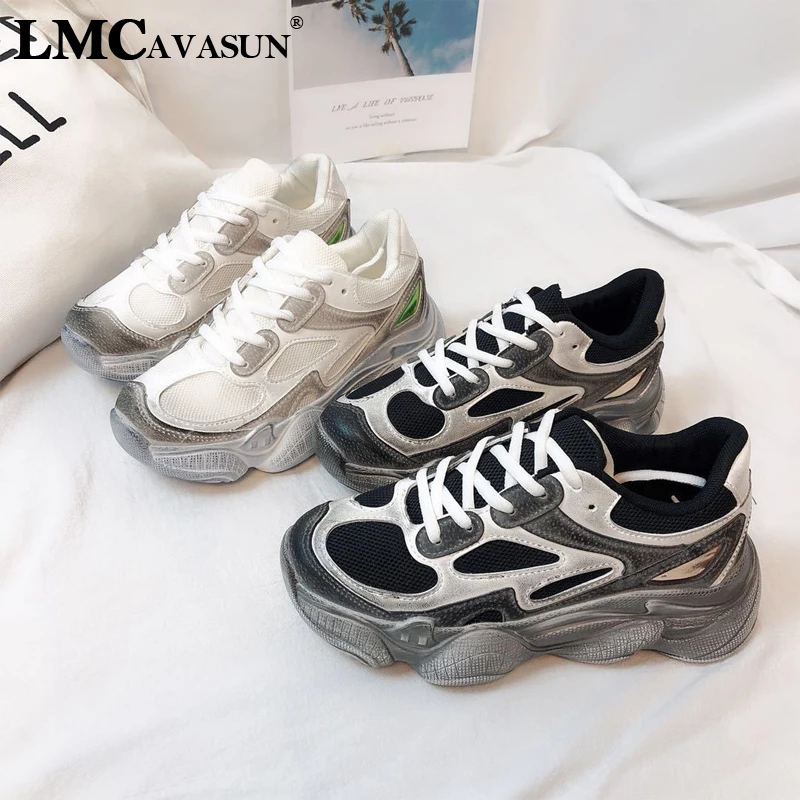 

LMCAVASUN Brand Women Sneakers Mixed Color Lace Up Women Platform Shoes 2019 Fashion Street Style Daddy Shoes Woman shoes