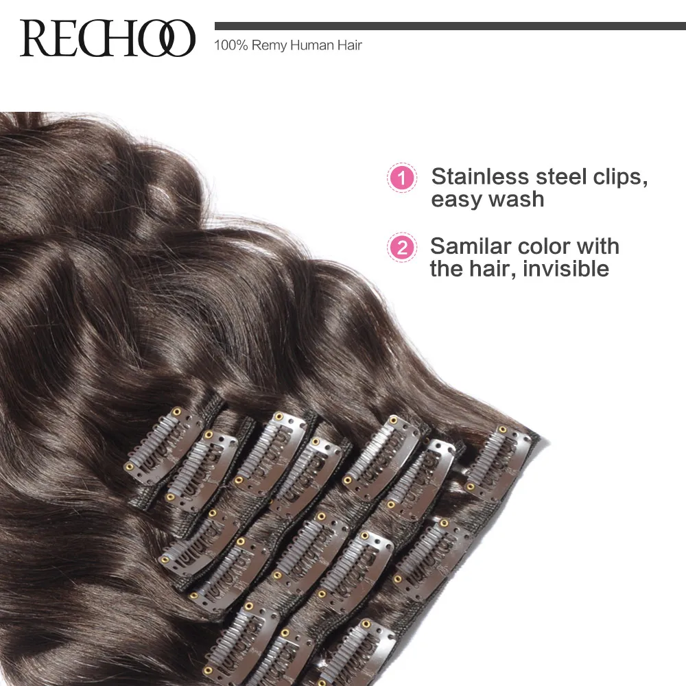 Rechoo бразильские волосы Remy для наращивания на клипсе волнистые человеческие