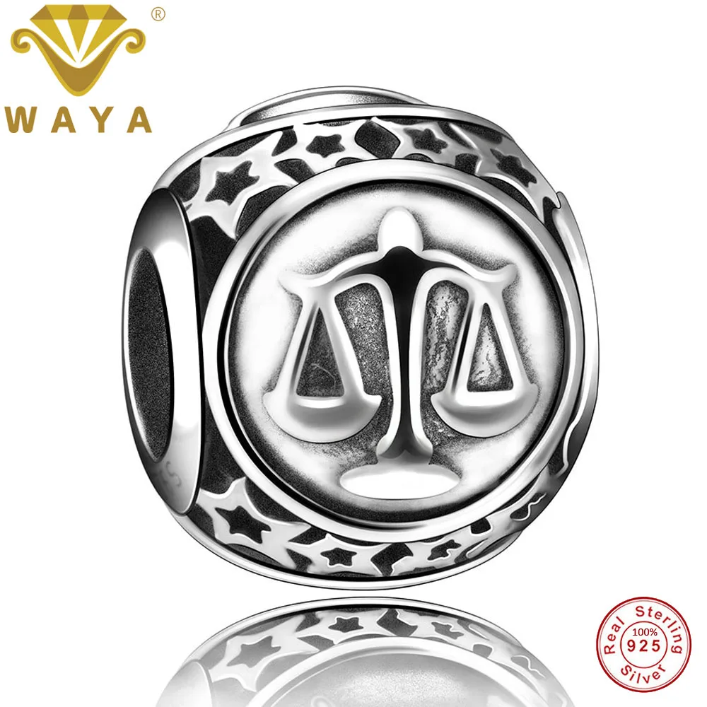 WAYA Fine Jewelry 925 Sterling Silver Charm Libra Star Sign Charms European Fit Bracelet &amp Bangle DIY Accessories | Украшения и