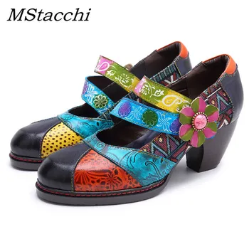 

MStacchi Retro Bohemian Women Pumps Shoes Woman Spring Autumn Genuine Leather Block High Heels Ladies Round Toe Mart Janes Shoes