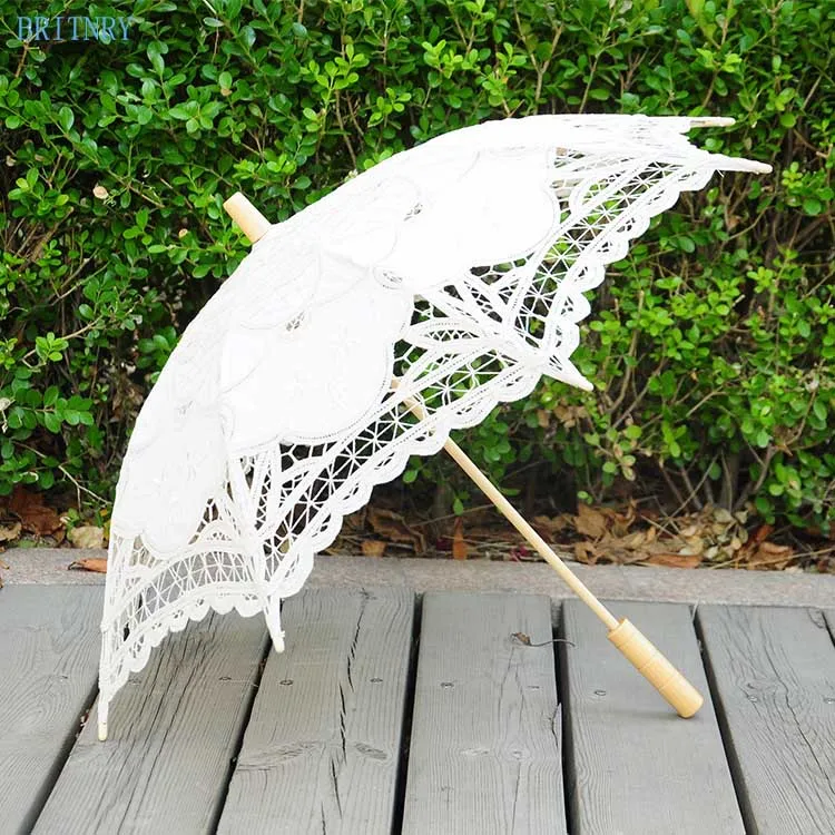 BRITNRY Мода ручной работы хлопок Свадебный зонтик кружева вышивка бежевый белый маленький Зонт свадебные аксессуары