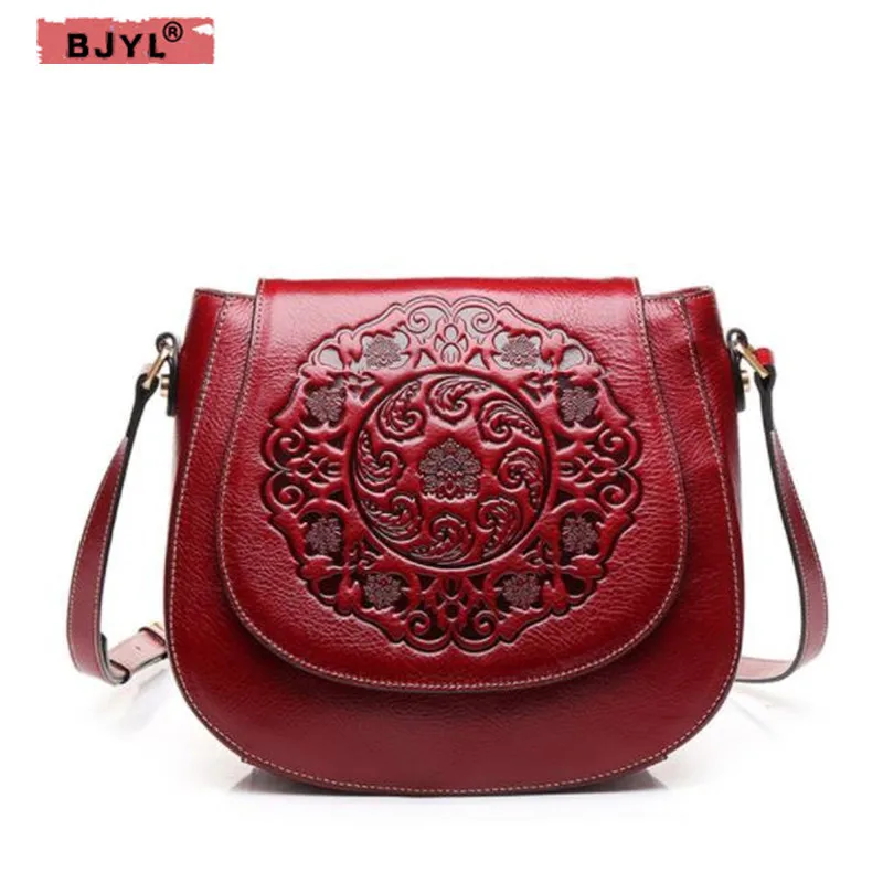 

BJYL New first layer leather Women Shoulder Bags diagonal retro embossed saddle Messenger bag Soft Genuine leather crossbody bag