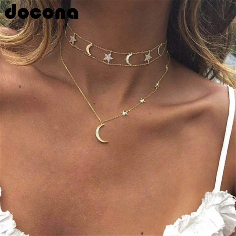 

Docona Gold Chain Crystal Necklace Geometric Star Moon Layered Gold Chain Necklaces Minimalist Collar Necklace Jewelry 5604