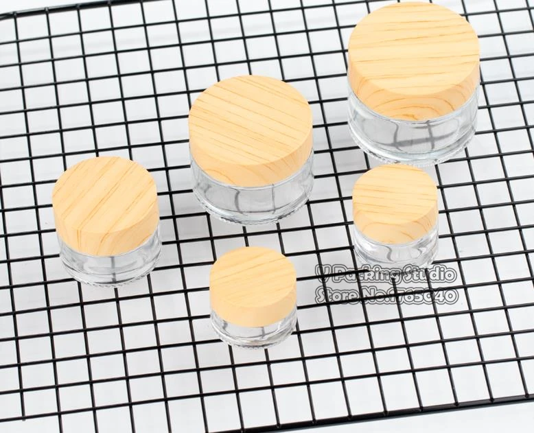 

Wooden Clear Glass Bottles Cream Jars with Wood Texture Lid, Empty Cosmetic Comtainers, transparent glass Case 200pcs/lot