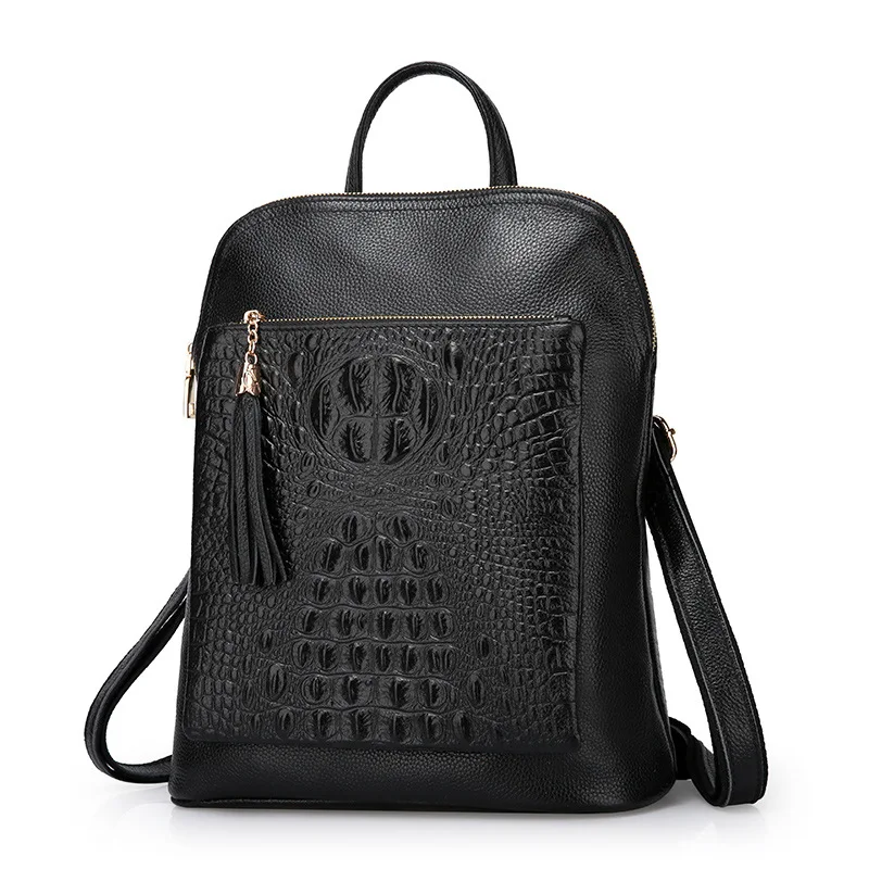 29cm*35cm*11cm 2018 Women Luxury Brand Design Alligator Texture Genuine Leather Backpack Female Black Travel School Bags