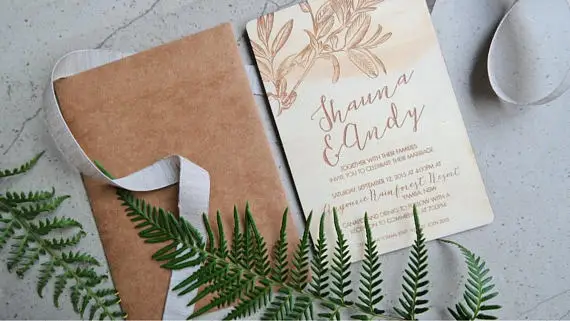 

Wedding invitation. Laser engraved leaf wood wedding invitation