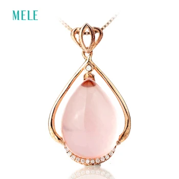 

MELE Natural pink crystal silver pendant, pears 13mm*18mm ,silver 925, beautiful and lovely rose quarts for elegant ladies