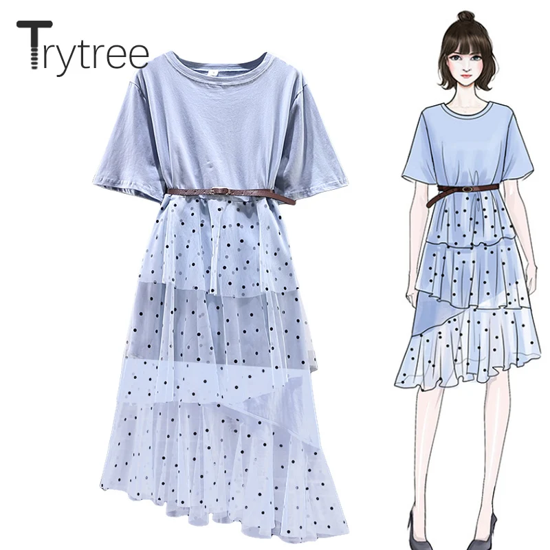 

Trytree 2019 Summer Casual Dress Women Belt O-Neck Patchwork Irregular Dot Cascading Ruffles Mesh Dresses A-Line Mid-Calf Dress