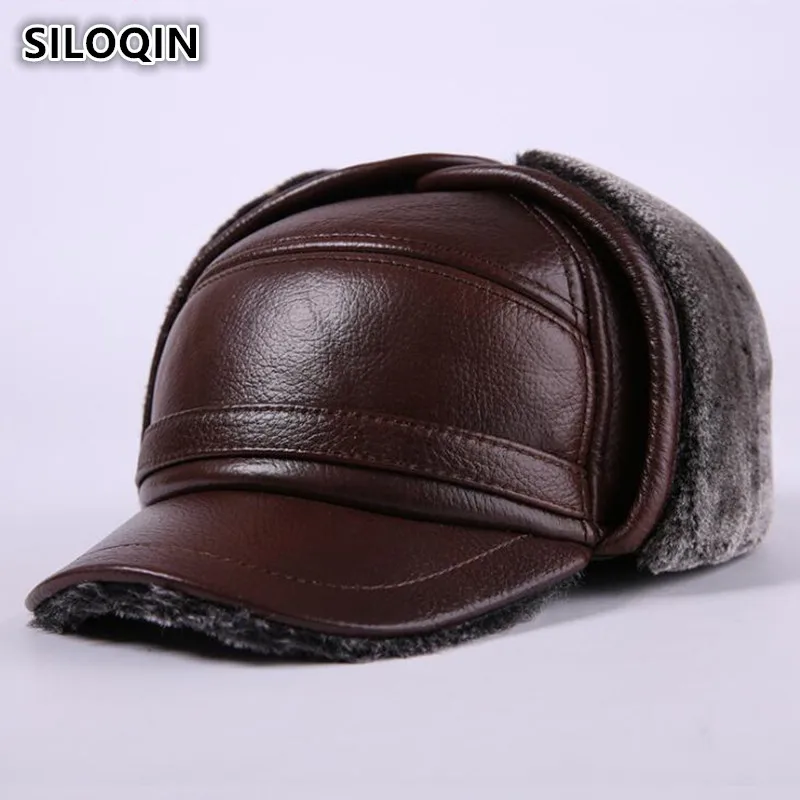 Preise SILOQIN Neue Winter männer Echte Leder Hut Verdicken Warm Rindsleder Leder Baseball Caps Mit Ohren vati Hüte Hysterese marken Kappe