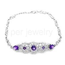 Натуральный настоящий браслет-цепочка с аметистом, серебро 925 пробы 0.65ct* 2шт, 0.4ct* 1 шт, 0.1ct* 2шт драгоценный камень# C16062815
