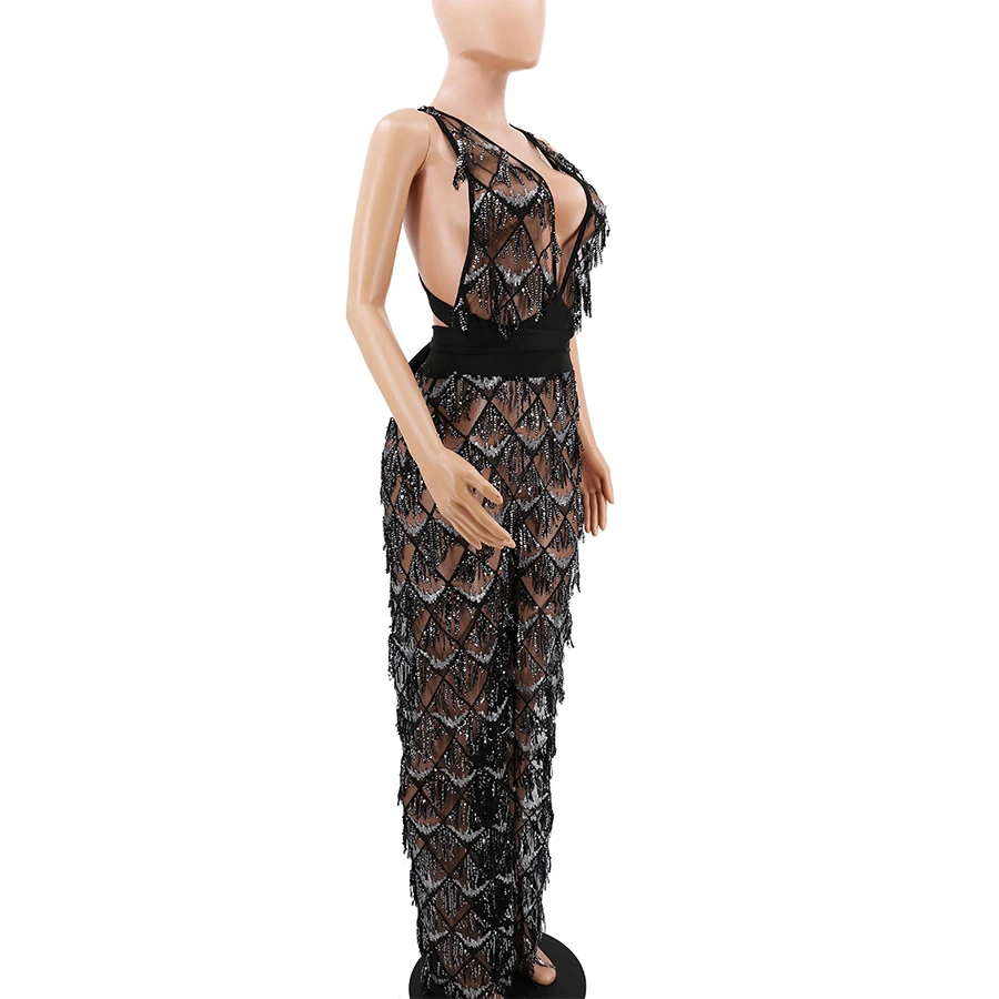 See Through Black Sexy Sequin Tassel Jumpsuit Women Halter Sleeveless Rompers Women Long Jumpsuit Sequined Club Party Overalls See Through Black Sexy Sequin Tassel Jumpsuit Women Halter Sleeveless Rompers Women Long Jumpsuit Sequined Club Party Overalls