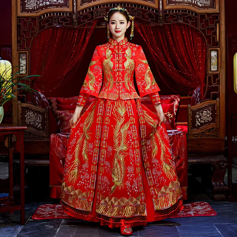Высокое качество Традиционный китайский красный свадебное платье долго Cheongsam ручной вышивки Qipao Платье Ретро Халат Размеры 3XL