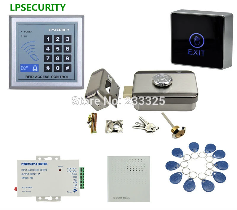 

ID RFID gate access control system kit set electric motorized door lock with manual keys 10 tags doorbell