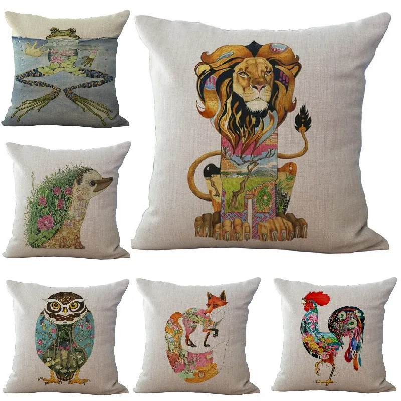 

Linen Cotton Cushion Cover Animals Painting Throw Pillows Car Sofa Case Decorative Pillowcase
