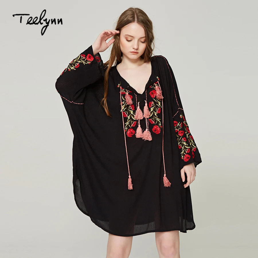 

TEELYNN boho dresses 2018 rayon Floral Embroidery v-neck fringe flare long sleeve black dresses loose Hippie short dress women