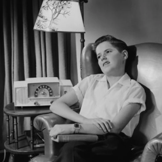 Boy sitting in armchair with book on his knees Poster Print (18 x 24)