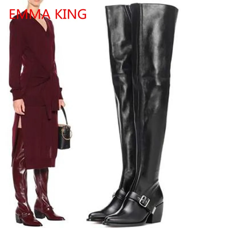 

2018 Woman Winter Thigh High Knight Boots Pointed Toe Sexy High Heels Shoes Leather Over The Knee Cowboy Boots For Women