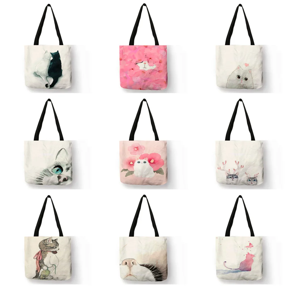 Акварельные ручные сумки-тоут с цветочным принтом, милый кот, сумка на плечо для женщин, Дамская офисная сумка, повседневные сумки для покупок