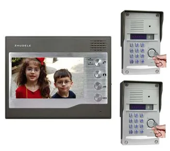 

ZHUDELE Security Intercom System For 2 Doors 7"Video Door Phone+2XHD FRID Panel Camera w/t Password&ID Card Unlocking Function