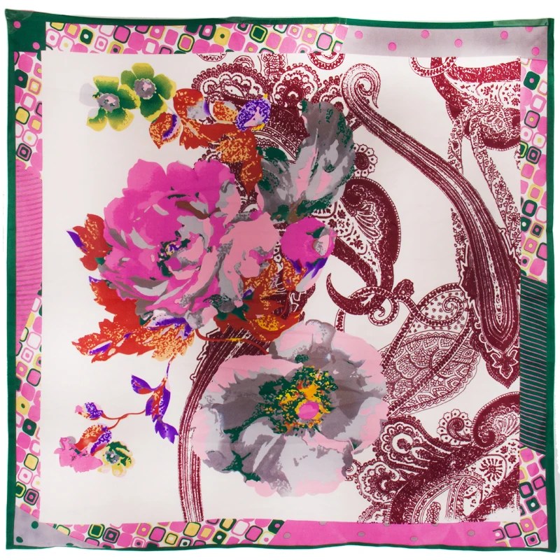 Spring Silk Scarves Hijab Floral Print Square SILK Bandana Women's ...