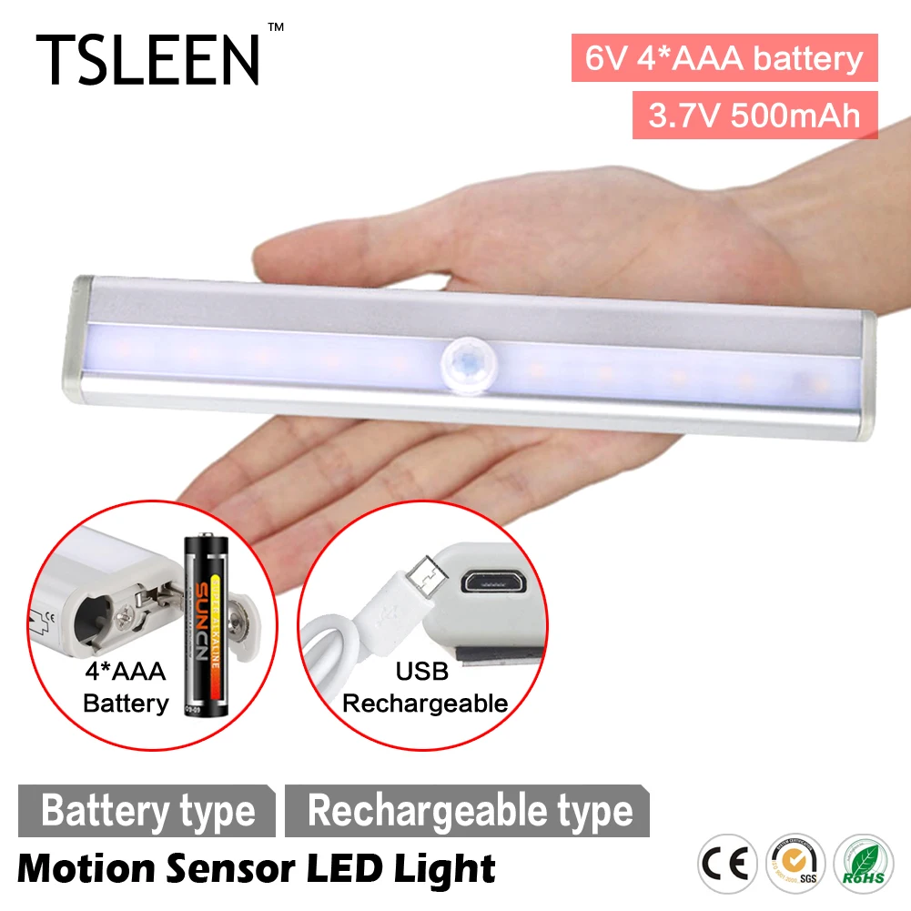 

TSLEEN 1Pcs Pir Motion Sensor LED Cupboard Shed Garage Light Under Cabinet Battery/USB