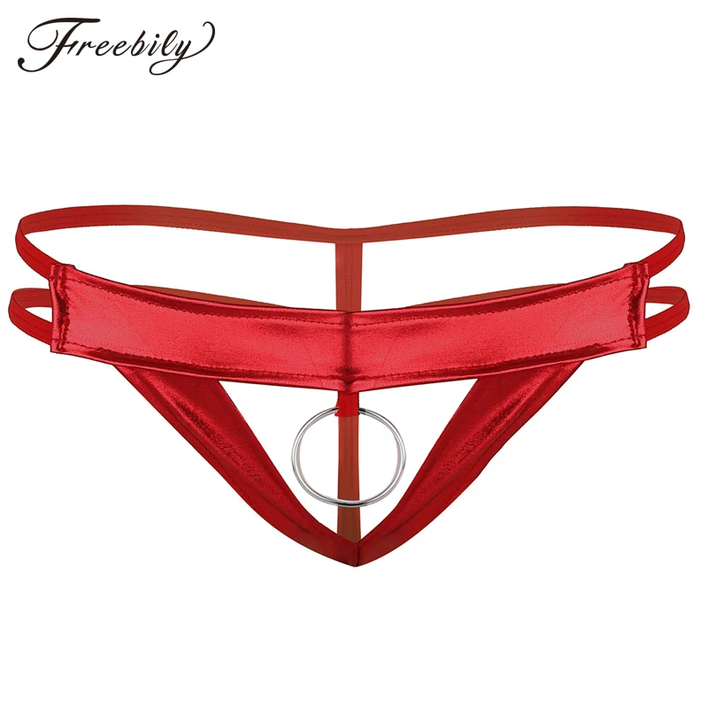 

Sexy Patent Leather Men Lingerie G-string Bikini Underwear Underpants with Ball Metal O-ring Gay Male Underwear Leather Panties
