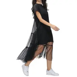 Модные женские туфли короткий рукав Тюль лоскутное свободное платье с плиссированной сетки Черная футболка Платья Летние платья A1