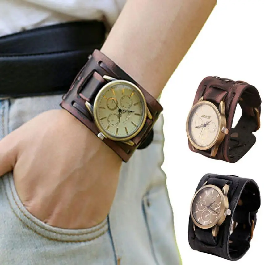 

Hot selling New Retro Punk Rock Brown Big Wide Leather Bracelet Cuff Men Watch quartz Wrist Watches Horloges xfcs saat clock