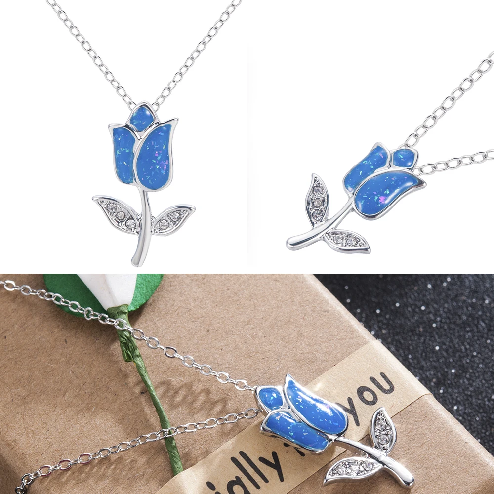Новая мода синий полимерное покрытие цвет серебра талисман ожерелье кулон ювелирные изделия Синяя подвеска в форме цветка розы для женщин подарок