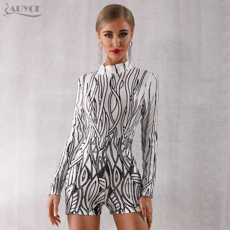 

Adyce New Autumn Short Jumpsuit For Women 2019 Elegant Sexy Long Sleeve Striped Sequin Runway Celebrity Party Club Jumpsuits