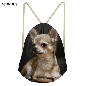 

INSTANTARTS Simple Casual Women Drawstrings Bags Cute 3D Animal Chihuahua Print Girls Soft Punch Pocket Travel Storage Backpack