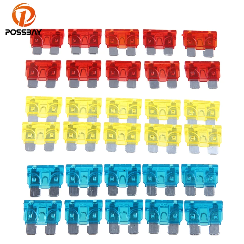 

POSSBAY 10Pcs Car Blade Fuse 10A/15A/20A/25A/30A Mini Blade Fuse Assortment Red White Yellow Green Blue Truck Motorcycle Fuse