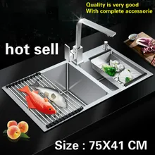 Бытовая Мода прочная кухонная ручная раковина двойной паз 304 пищевой нержавеющей стали Горячая 75x41 см