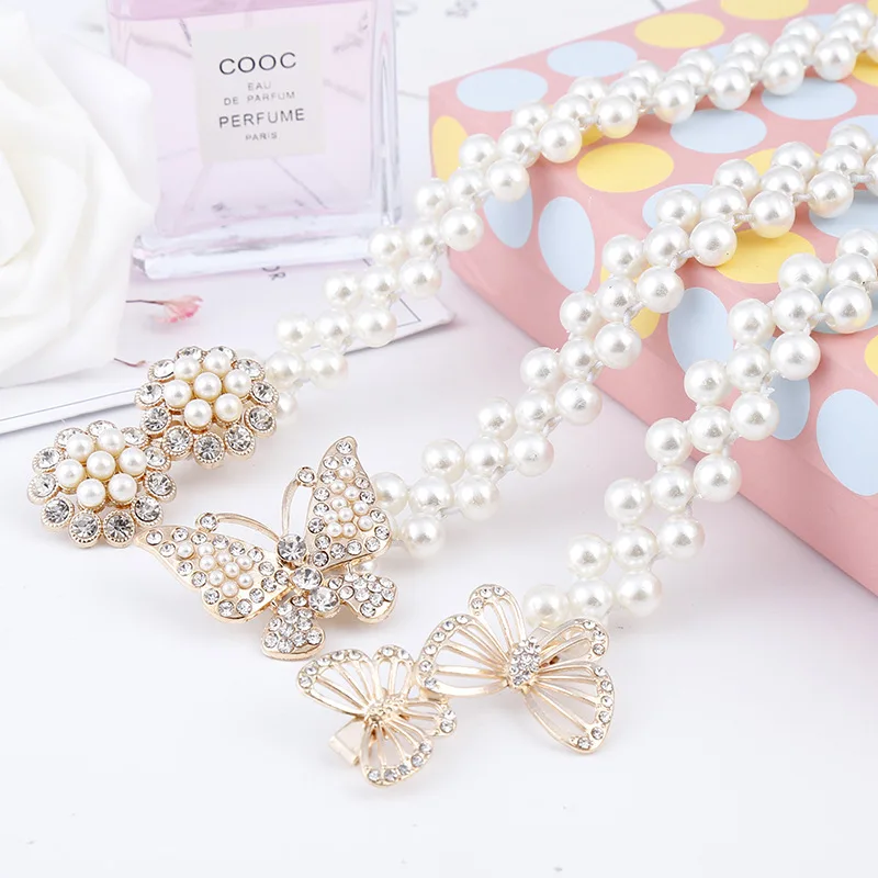 Elegant Women Pearl Belt Waist Belt Elastic Buckle Pearl Chain Female Girls Dress Crystal Strap