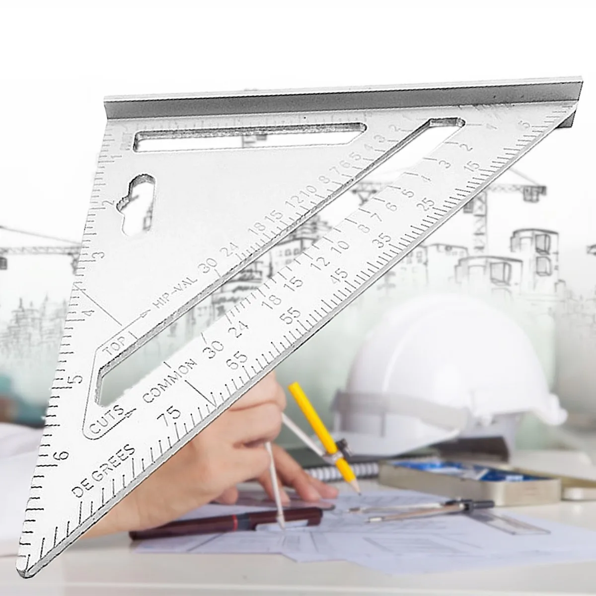 

JIGUOOR 7inch Aluminum Alloy Metric System Measuring Ruler Roofing Rafter Square Triangle Ruler Protractor Measuring Tool
