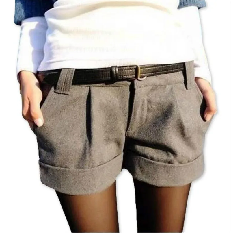 Для весны и зимы шерстяные шорты повседневное отложным воротником прямой Bootcut шорты для женщин для тонкий повседневное карман на