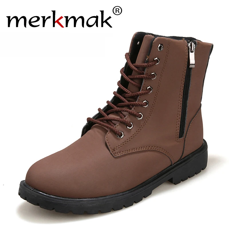 Merkmak Tactical Waterproof Winter Warm Snow Boots Men Vintage Leather Motorcycle Ankle Martin